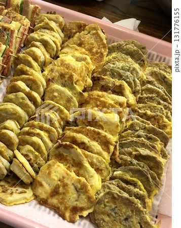 Korean traditional food, jeon, vegetable, meat, etc. are mixed with eggs and fried in oil. Always put it on the table when I hold a memorial service for ancestors on Chuseok (Thanks giving Day) 131776155