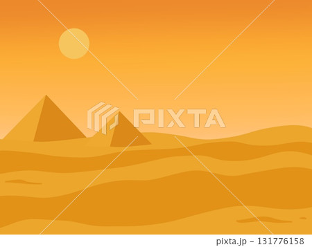 ピラミッドがある夕日の砂漠のイラスト ピラミッドがある夕日の砂漠のイラスト 131776158