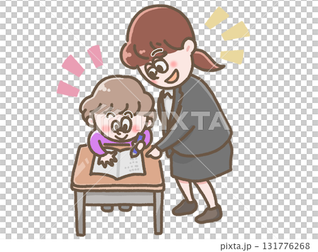 Girl and teacher studying at desk 131776268