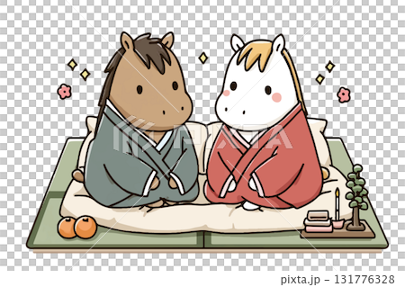 一匹穿著和服、坐在墊子上的馬，日式設計，新年和女兒節的季節性材料 131776328