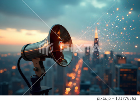 hand of megaphone on city background 131776562