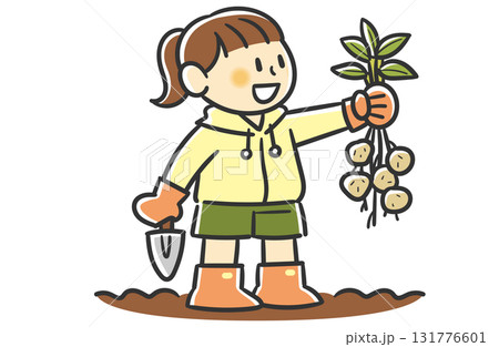 左手で収穫したじゃがいもを持つポニーテールの女の子 131776601