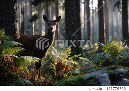 Deer stands quietly in sun-dappled forest clearing at dawn Deer stands quietly in sun-dappled forest clearing at dawn 131776726