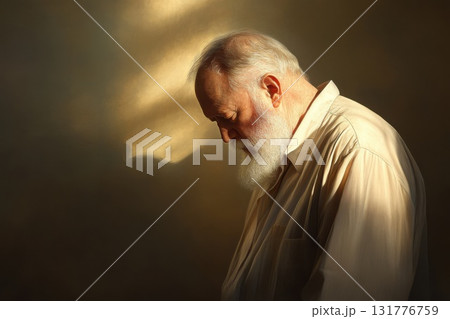 Elderly man with thick white beard standing alone on a neutral background in soft sunlight 131776759