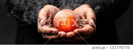 Hands cradle glowing orb surrounded by mist on black background 131776770