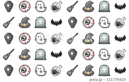 レトロゲーム風ハロウィンのドット絵シームレスパターン素材 レトロゲーム風ハロウィンのドット絵シームレスパターン素材 131776920