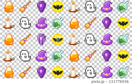 レトロゲーム風ハロウィンモチーフのドット絵シームレスパターン レトロゲーム風ハロウィンモチーフのドット絵シームレスパターン 131776936