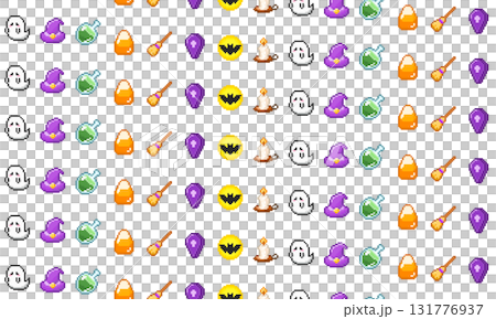 復古遊戲風格萬聖節像素藝術無縫圖案 131776937