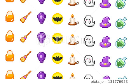 レトロゲーム風ハロウィンモチーフのドット絵シームレスパターン レトロゲーム風ハロウィンモチーフのドット絵シームレスパターン 131776938