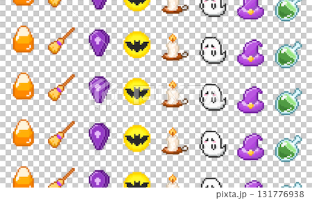 レトロゲーム風ハロウィンモチーフのドット絵シームレスパターン レトロゲーム風ハロウィンモチーフのドット絵シームレスパターン 131776938