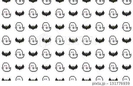 レトロゲーム風ハロウィンモチーフのドット絵シームレスパターン レトロゲーム風ハロウィンモチーフのドット絵シームレスパターン 131776939