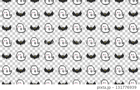 レトロゲーム風ハロウィンモチーフのドット絵シームレスパターン レトロゲーム風ハロウィンモチーフのドット絵シームレスパターン 131776939