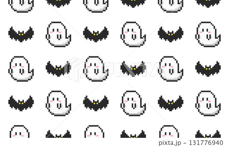 レトロゲーム風ハロウィンモチーフのドット絵シームレスパターン レトロゲーム風ハロウィンモチーフのドット絵シームレスパターン 131776940