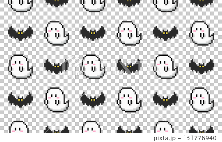 レトロゲーム風ハロウィンモチーフのドット絵シームレスパターン レトロゲーム風ハロウィンモチーフのドット絵シームレスパターン 131776940