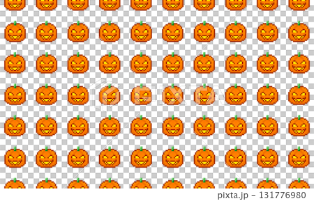A seamless pumpkin pixel art pattern for retro game-style Halloween designs 131776980