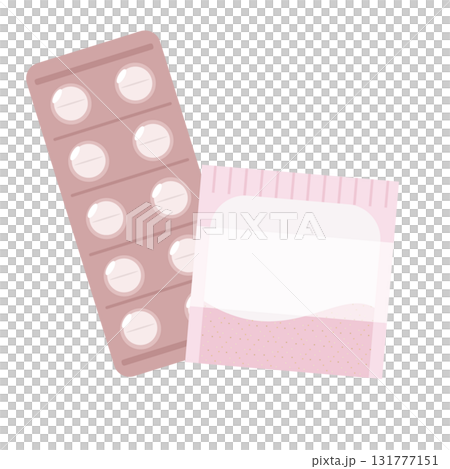 Illustration of tablets and powder medicine with a mount 131777151