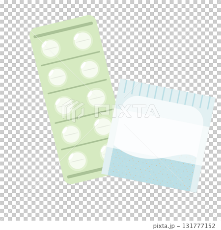 Illustration of tablets and powder medicine with a mount 131777152