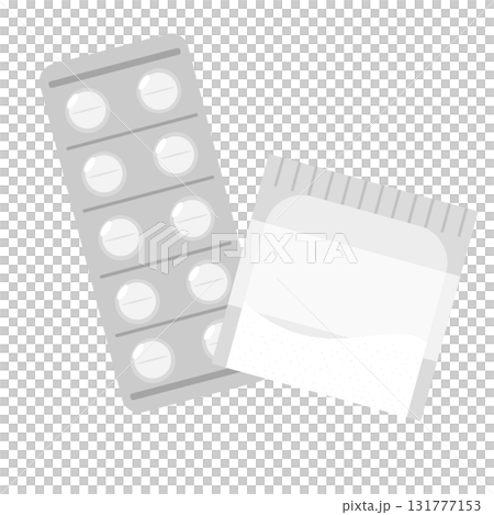 Illustration of tablets and powder medicine with a mount Illustration of tablets and powder medicine with a mount 131777153