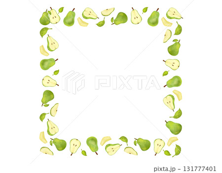 秋の果物・洋梨の水彩風手描きイラストのフルーツ正方形フレーム素材 131777401