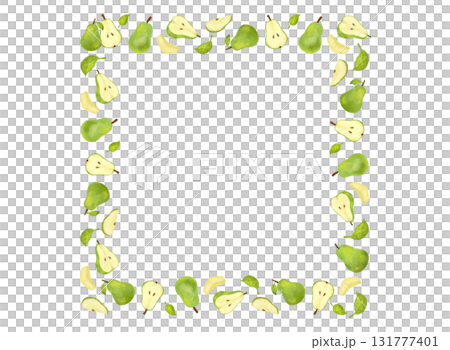 秋の果物・洋梨の水彩風手描きイラストのフルーツ正方形フレーム素材 131777401