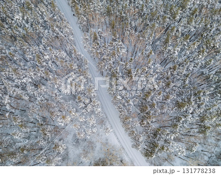 Aerial view of the road in the winter forest with high pine or spruce trees covered by snow. Driving in winter. Aerial view of the road in the winter forest with high pine or spruce trees covered by snow. Driving in winter. 131778238