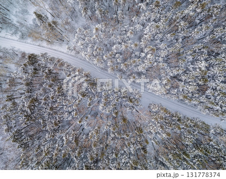 Aerial view of the road in the winter forest with high pine or spruce trees covered by snow. Driving in winter. Aerial view of the road in the winter forest with high pine or spruce trees covered by snow. Driving in winter. 131778374