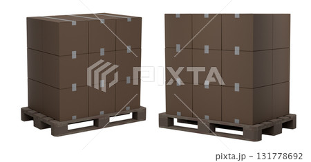 Set of wooden pallet for warehouse cargo storage with cardboard boxes on white background. 3d render of tray for cargo loading and transportation, freight delivery, warehousing service equipment 131778692