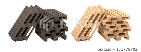 Set of wooden pallet for warehouse cargo storage isolated on white background. 3d render of tray for cargo loading and transportation, freight delivery, warehousing service equipment 131778702