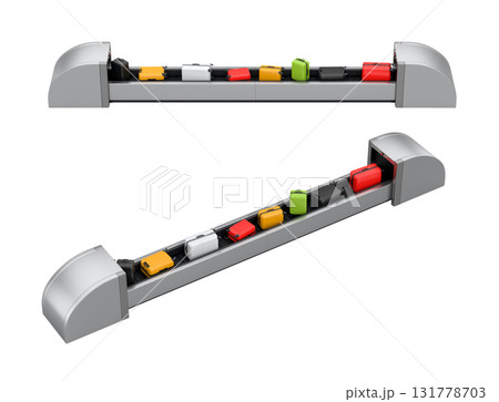 Set of Airport luggage conveyor belt or baggage claim area with suitcases on white background. 3d render of travel vacation concept. Set of Airport luggage conveyor belt or baggage claim area with suitcases on white background. 3d render of travel vacation concept. 131778703