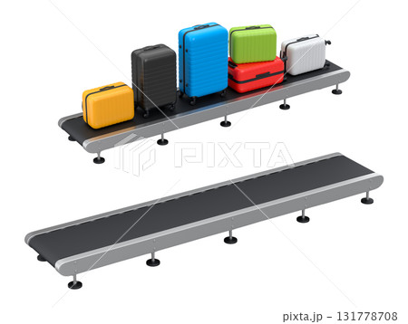 Set of Airport luggage conveyor belt, manufacture line or baggage claim area with suitcases on white background. 3d render of travel vacation concept. 131778708