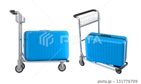 Set of Regular polycarbonate suitcase on hotel trolley cart for carrying baggage on white background. 3d render travel concept of hotel service on vacation and luggage transportation Set of Regular polycarbonate suitcase on hotel trolley cart for carrying baggage on white background. 3d render travel concept of hotel service on vacation and luggage transportation 131778709