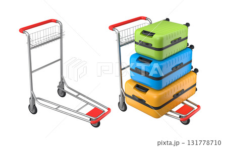 Set of Regular polycarbonate suitcase on hotel trolley cart for carrying baggage on white background. 3d render travel concept of hotel service on vacation and luggage transportation 131778710