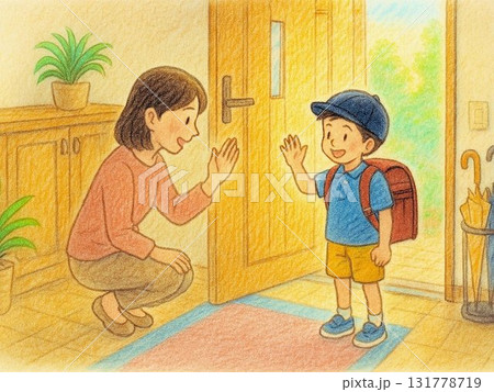 登校前の朝 玄関で見送る母と子のイラスト 登校前の朝 玄関で見送る母と子のイラスト 131778719