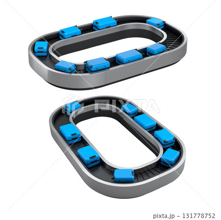 Set of Airport luggage conveyor belt or baggage claim area with suitcases on white background. 3d render of travel vacation concept. 131778752