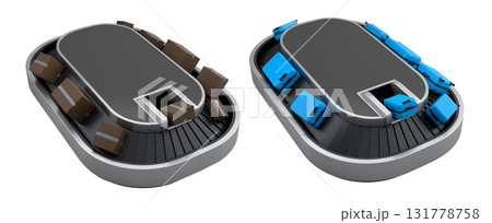 Set of Airport luggage conveyor belt or baggage claim area with suitcases on white background. 3d render of travel vacation concept. 131778758