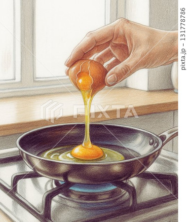 卵を片手で割ってフライパンに落とす瞬間イラスト 卵を片手で割ってフライパンに落とす瞬間イラスト 131778786