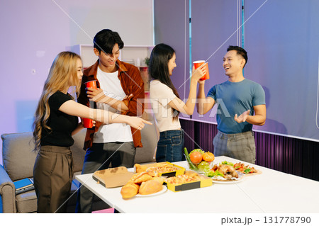 Group of Young Asian friend having, enjoy evening party together at home. Group of Young Asian friend having, enjoy evening party together at home. 131778790