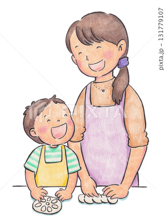 パンを作っている親子のイラスト パンを作っている親子のイラスト 131779107