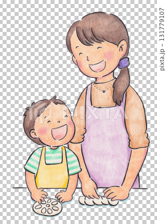 パンを作っている親子のイラスト パンを作っている親子のイラスト 131779107