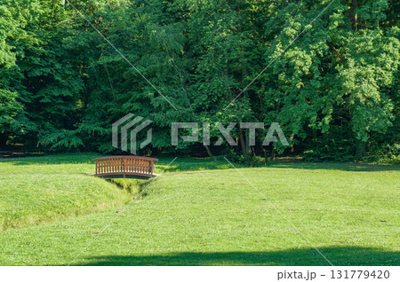 きれいな芝が広がる公園の小川にかかる小さな橋 きれいな芝が広がる公園の小川にかかる小さな橋 131779420