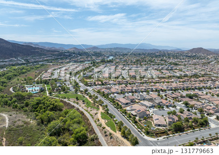 Aerial view of a sprawling neighborhood of family homes in Menifee, California, USA. 131779663