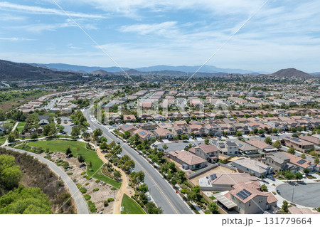 Aerial view of a sprawling neighborhood of family homes in Menifee, California, USA. 131779664