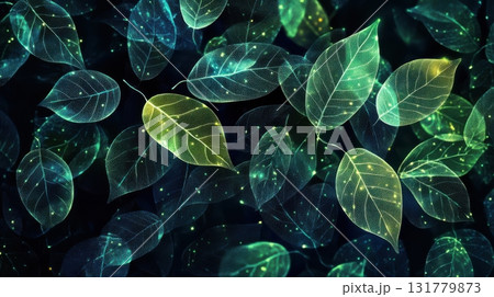A close up of green leaves with a blue background 131779873