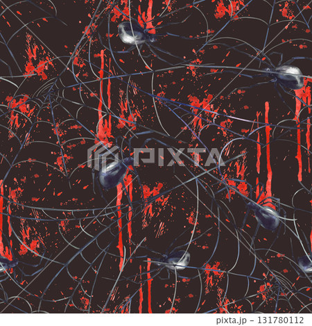Spiders on cobweb with Blood splatters and stains seamless pattern. Hand drawn watercolor illustration scary bloody spiderweb for Halloween on Isolated dark background for packaging, horror fabric 131780112