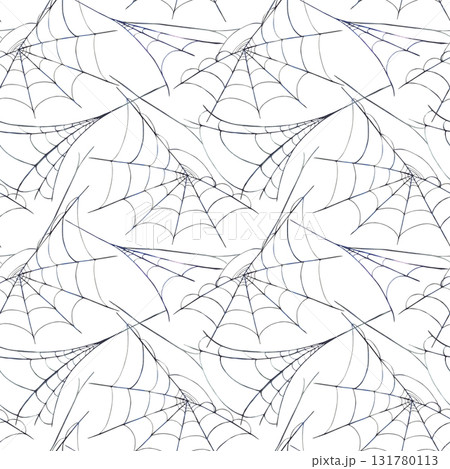 Spider web with thin threads forming a natural cobweb seamless pattern. Hand drawn watercolor illustration in grey and black colour on isolated white background for Halloween fabric, biological themes 131780113