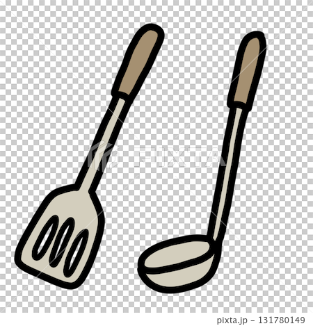 手描きのシンプルでかわいいお玉とフライ返しのイラスト 手描きのシンプルでかわいいお玉とフライ返しのイラスト 131780149