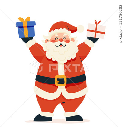 Santa Claus holding gift boxes in both hands. Flat Cartoon vector illustration isolated on white background. Christmas celebration and holiday concept. Santa Claus holding gift boxes in both hands. Flat Cartoon vector illustration isolated on white background. Christmas celebration and holiday concept. 131780282