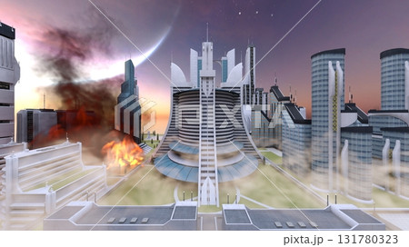 攻撃される未来都市の風景 131780323