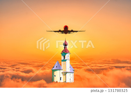 北海道の雲海とヨーロッパ風教会合成写真 131780325
