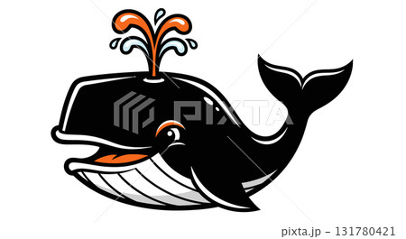 Cartoon Whale Illustration, Marine Wildlife with Water Spout 131780421